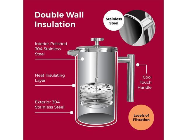 MuellerLiving French Press Coffee Maker 34oz, Stainless Steel French Press Coffee, 4 Filter Heat Resistant Double Insulated, Rust-Free, Food Grade,...