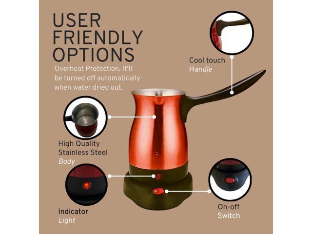 Electric Turkish Coffee Maker Warmer Kettle Pot Premium Quality Stainless Steel Cool Touch Handle Travel Size, Fast Boil & Keeps Water Boiling for...