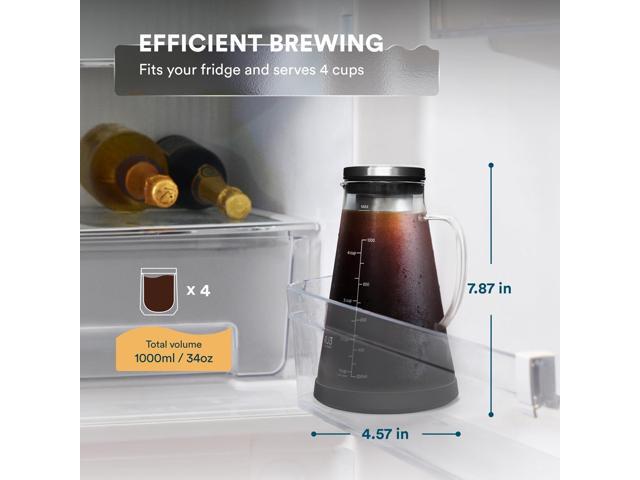OVALWARE Airtight Cold Brew Iced Coffee Maker Pitcher and Tea Infuser with Spout - 1.0L / 34oz Ovalware RJ3 Brewing Glass Carafe with Removable...
