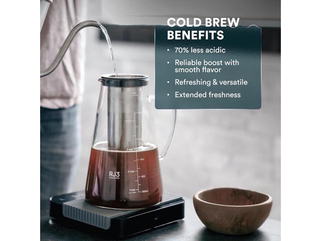 OVALWARE Airtight Cold Brew Iced Coffee Maker Pitcher and Tea Infuser with Spout - 1.0L / 34oz Ovalware RJ3 Brewing Glass Carafe with Removable...