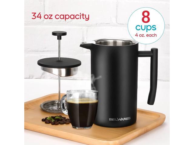 French Press Coffee Maker 34 Oz - Insulated Coffee Press Stainless Steel 304 - Double Wall & 4 Level Filtration System (1 Liter) - Black