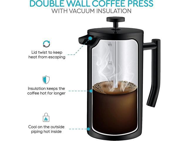 French Press Coffee Maker 34 Oz - Insulated Coffee Press Stainless Steel 304 - Double Wall & 4 Level Filtration System (1 Liter) - Black