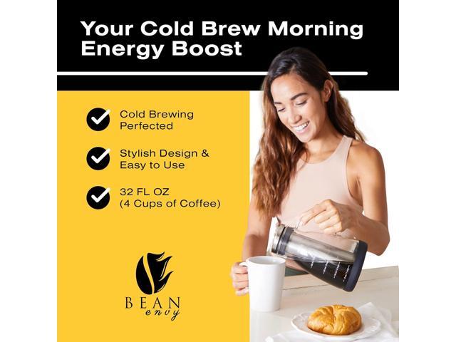 Bean Envy Cold Brew Coffee Maker - 32 oz Glass Coffee Cold Brew Maker and Pitcher w/Silicone Cap & Base