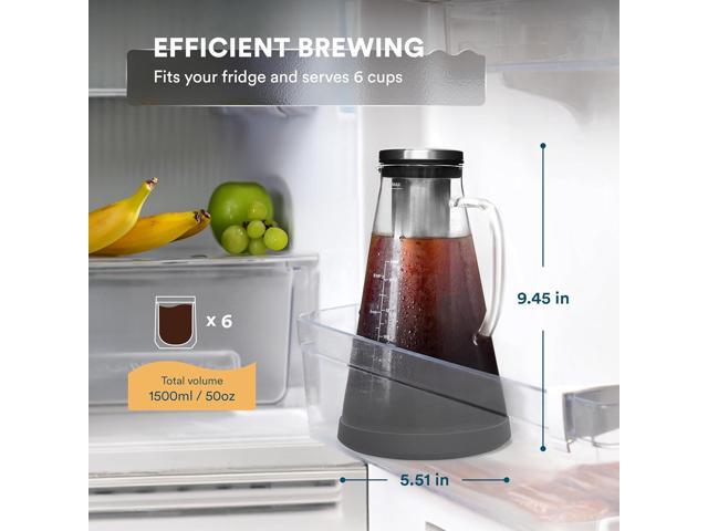 OVALWARE Airtight Cold Brew Iced Coffee Maker Pitcher (& Iced Tea Maker) with Spout 1.5L/ 51oz Brewing Glass Carafe with Removable Stainless Steel...