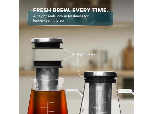 OVALWARE Airtight Cold Brew Iced Coffee Maker Pitcher (& Iced Tea Maker) with Spout 1.5L/ 51oz Brewing Glass Carafe with Removable Stainless Steel...