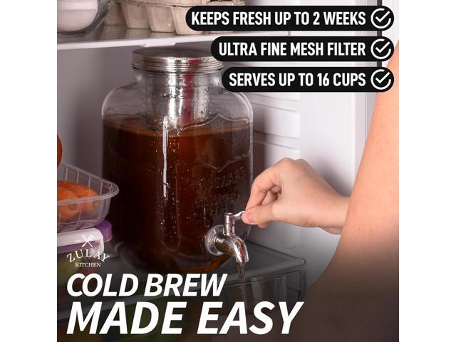 Zulay Kitchen 1 Gallon Cold Brew Coffee Maker Thick Glass Pitcher with Stainless Steel Filter, Lid & Spout Large Mason Jar Container Dispenser -...