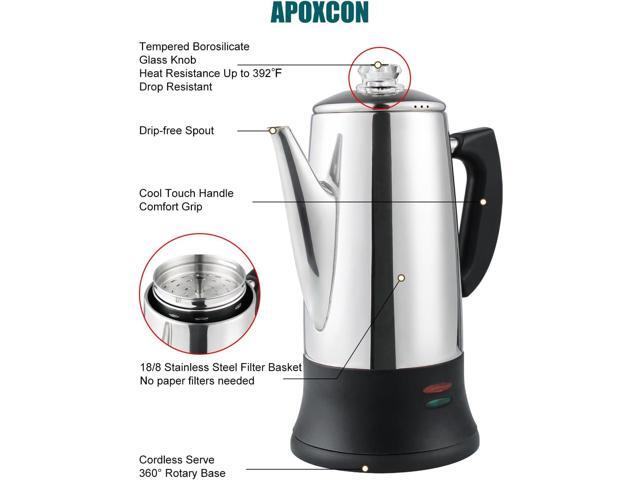 Electric Coffee Percolator Stainless Steel Coffee Maker with Two Heat Resistant Tough Glass Clear Brew Progress Knob Classic Look Keep Warm &...