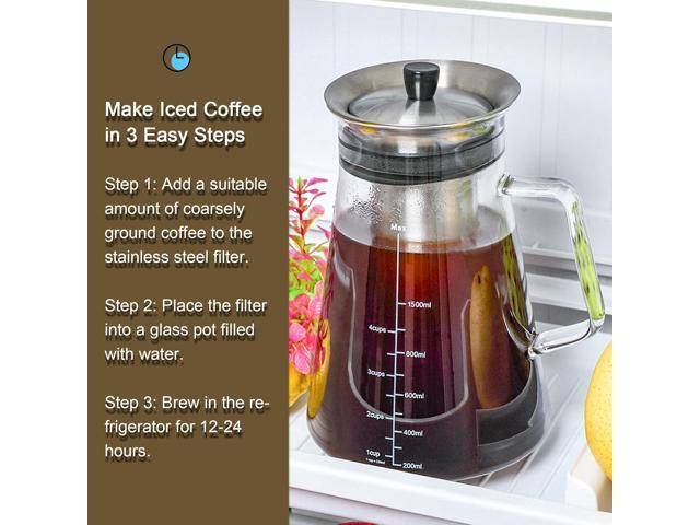 Aquach Airtight Cold Brew Coffee (Iced Tea) Maker 51oz/1.5L, BPA-Free, Durable Borosilicate Glass Pitcher and Stainless Steel Fine-Mesh Filter,...