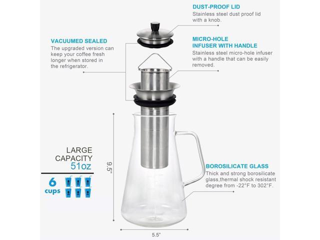 Aquach Airtight Cold Brew Coffee (Iced Tea) Maker 51oz/1.5L, BPA-Free, Durable Borosilicate Glass Pitcher and Stainless Steel Fine-Mesh Filter,...