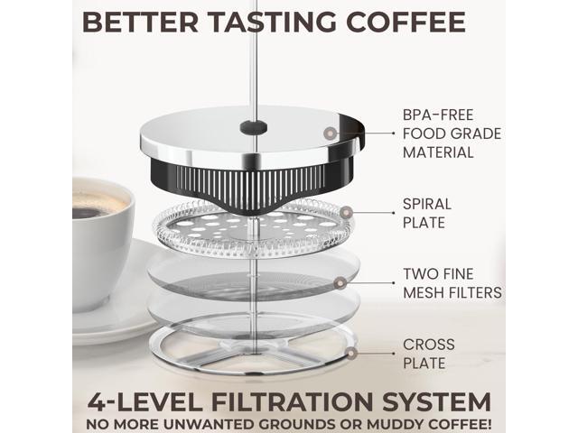 Cafe Du Chateau Stainless Steel French Press Coffee Maker - 34oz Insulated Coffee Press with 4-Level Filtration, BPA Free, Durable Glass, Great for...