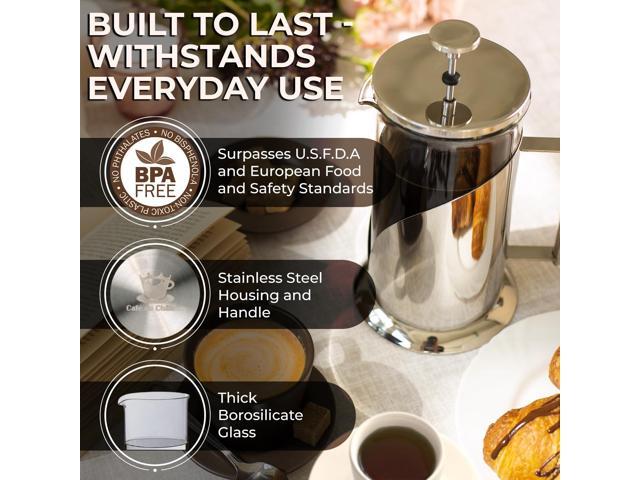 Cafe Du Chateau Stainless Steel French Press Coffee Maker - 34oz Insulated Coffee Press with 4-Level Filtration, BPA Free, Durable Glass, Great for...