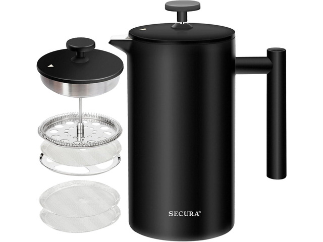 Secura French Press Coffee Maker with 3-Layer Stainless Steel Filter, 34 oz Black, Double-Walled Insulated Design with 2 Extra Filters