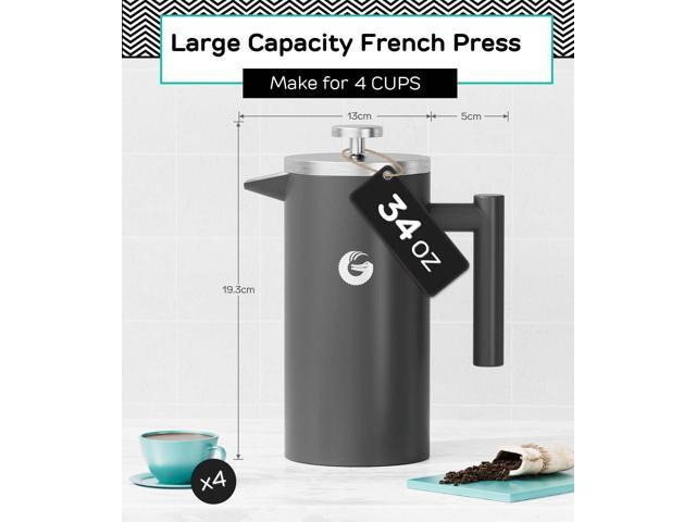 Coffee Gator French Press Coffee Maker - 34oz Double Insulated Stainless Steel Brewer plus Travel Jar Canister, Portable Hot Cold Brew Teapot...