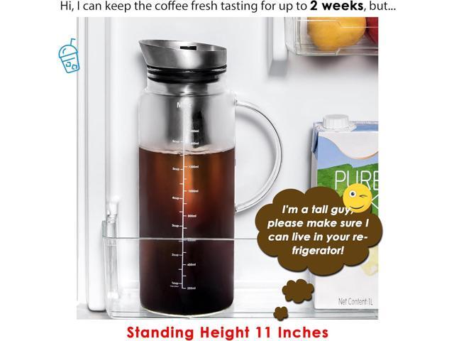 Aquach Cold Brew Coffee Iced Tea Maker & Fruit Pitcher - Large Capacity 51 Ounces - with Durable Glass Carafe/Fine Mesh Steel Infuser/Airtight Lid