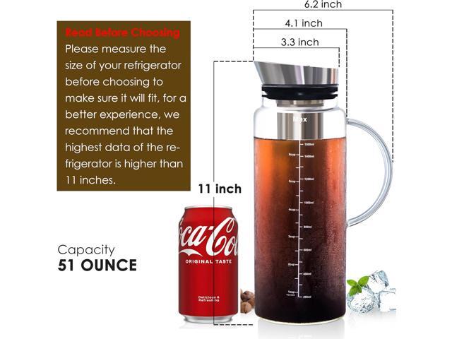 Aquach Cold Brew Coffee Iced Tea Maker & Fruit Pitcher - Large Capacity 51 Ounces - with Durable Glass Carafe/Fine Mesh Steel Infuser/Airtight Lid