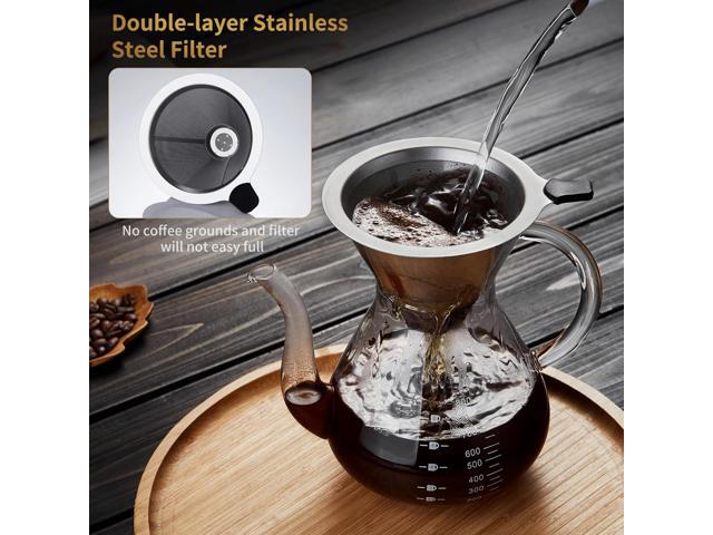 Unbreakable - Pour Over Coffee Maker with Double Stainless Filter 34 fl oz, Thickened Heat-Resistant Borosilicate Glass Pour Over Coffee Dripper,...