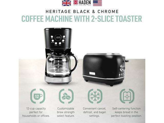 Haden 12 Cup Programmable Drip Coffee Maker Coffee Machine Bundled with Heritage 2 Slice Wide Slot Stainless Steel Toaster, Turquoise & Chrome