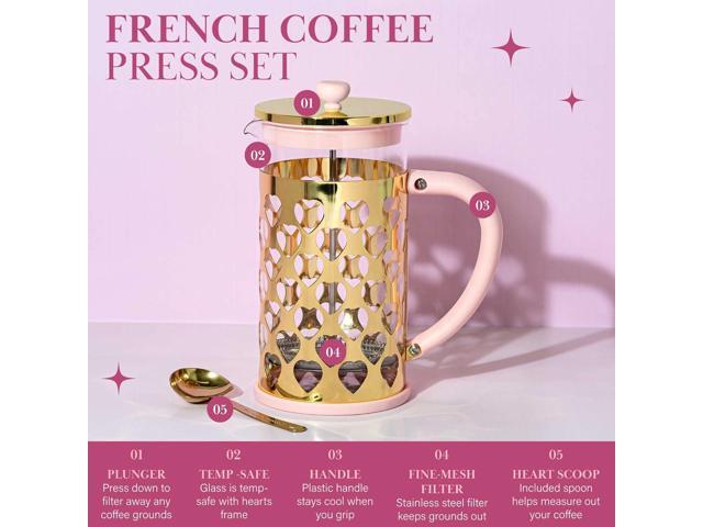 Paris Hilton French Press Coffee Maker With Heart Shaped Measuring Scoop, 2-Piece Set, 8-Cup or 34-Ounce, Pink
