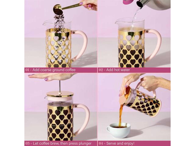 Paris Hilton French Press Coffee Maker With Heart Shaped Measuring Scoop, 2-Piece Set, 8-Cup or 34-Ounce, Pink
