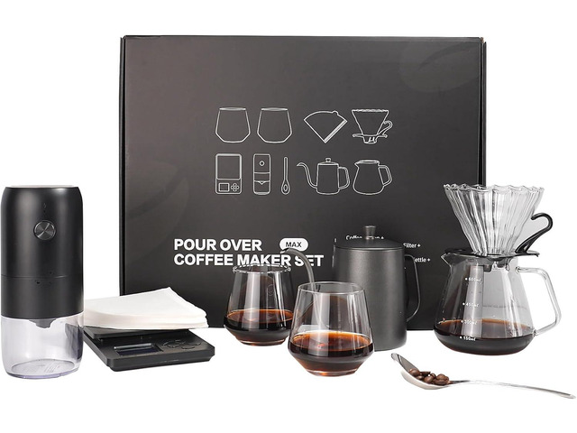 SuperCook Coffee Pour Over Kit Hand Drip with Kettle, Electric Grinder, Camping Travel Coffee Kit Ideal for Anniversary Birthday Gift
