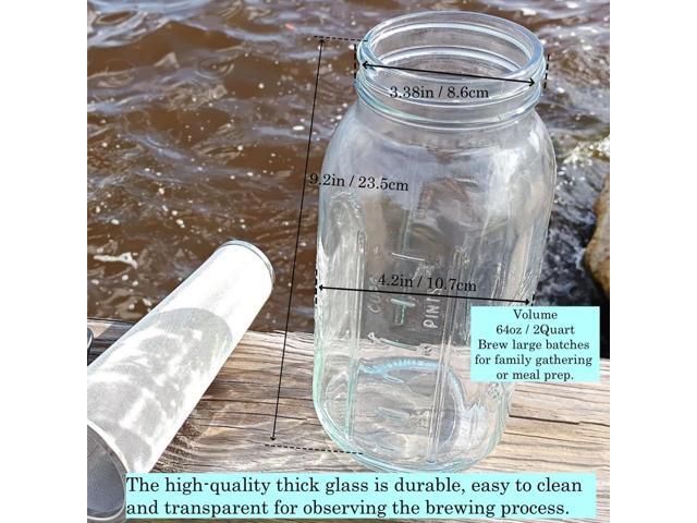 Fermus Set of 2 Cold Brew Coffee Maker, 64oz / 2Quart Glass Pitcher with Stainless Steel Filter and Pour Spout Handle Lid, Mason Jar for Making...