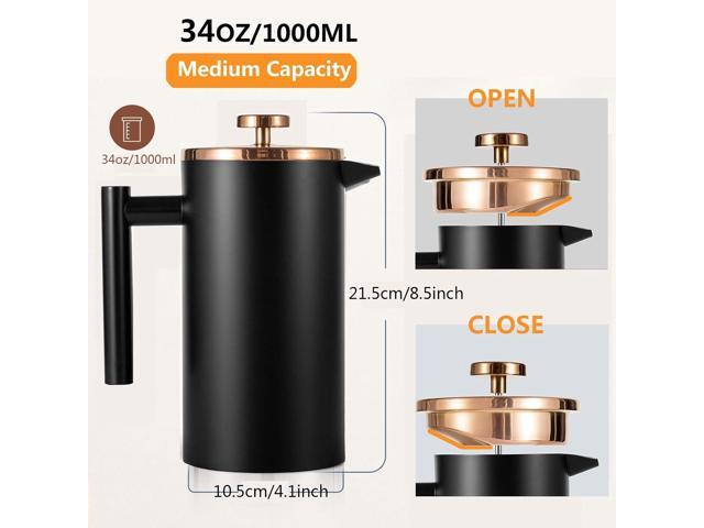 Black French Press Stainless Steel 34oz, Double Wall Insulated Coffee Press 1L for travel camping with 2 Extra Filter Screens and 1 Coffee...
