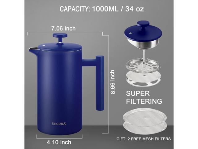 Secura French Press Coffee Maker, Double-Wall 304 Grade Stainless Steel Coffee Press with 2 Extra Screens, 34oz (1L), Blue