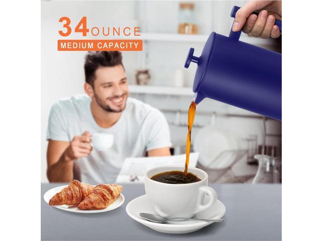 Secura French Press Coffee Maker, Double-Wall 304 Grade Stainless Steel Coffee Press with 2 Extra Screens, 34oz (1L), Blue
