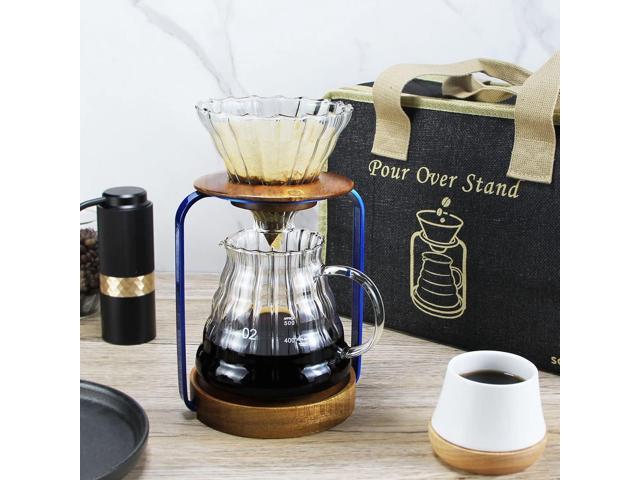 SOTECH Pour Over Coffee Dripper Stand with Metal Stand Wooden Filter Holder Glass Server with Paper Coffee Filters, Coffee Maker Stand Set for...