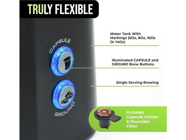 Tru Single Serve Brew System by Select Brands - Single Cup Coffee Maker Using Coffee Capsules or Grounds - Features Removable Drip Tray & One-Touch...