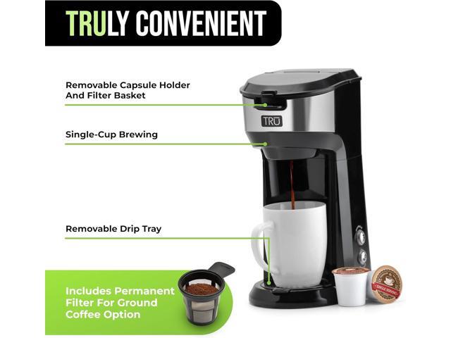 Tru Single Serve Brew System by Select Brands - Single Cup Coffee Maker Using Coffee Capsules or Grounds - Features Removable Drip Tray & One-Touch...