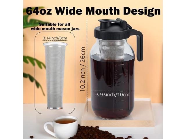 Cold Brew Mason Coffee Maker - 64oz Iced Coffee Pitcher with Stainless Steel Mixing Spoon & Super Dense Filter 3 Steps Finish Cold Brew Coffee,...