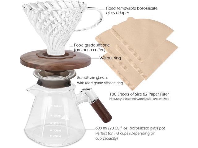 Pour Over Coffee Maker, 20 oz Borosilicate Glass Set with 100 pcs V60 Paper Filter, Coffee Dripper with Walnut Collar, Coffee Pot with Glass Lid,...