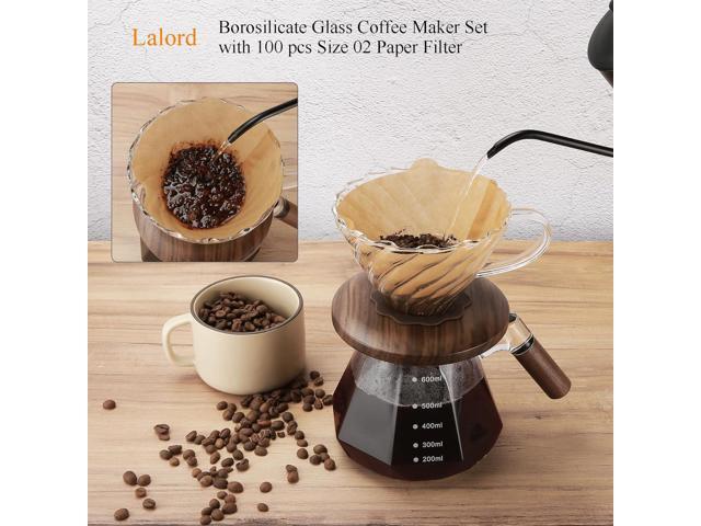Pour Over Coffee Maker, 20 oz Borosilicate Glass Set with 100 pcs V60 Paper Filter, Coffee Dripper with Walnut Collar, Coffee Pot with Glass Lid,...