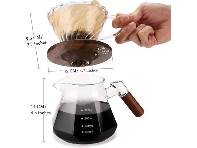 Pour Over Coffee Maker, 20 oz Borosilicate Glass Set with 100 pcs V60 Paper Filter, Coffee Dripper with Walnut Collar, Coffee Pot with Glass Lid,...