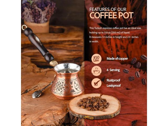 12 Oz Copper Turkish Greek Arabic Coffee Pot with Copper Handle - Cezve Ibrik Briki Stovetop Coffee Maker (Includes Copper Spoon) (4 servings)