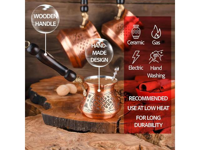 12 Oz Copper Turkish Greek Arabic Coffee Pot with Copper Handle - Cezve Ibrik Briki Stovetop Coffee Maker (Includes Copper Spoon) (4 servings)