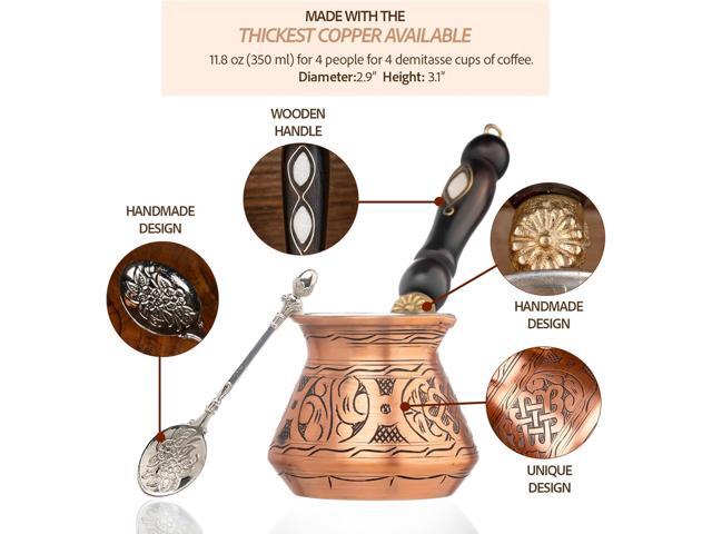12 Oz Copper Turkish Greek Arabic Coffee Pot with Copper Handle - Cezve Ibrik Briki Stovetop Coffee Maker (Includes Copper Spoon) (4 servings)