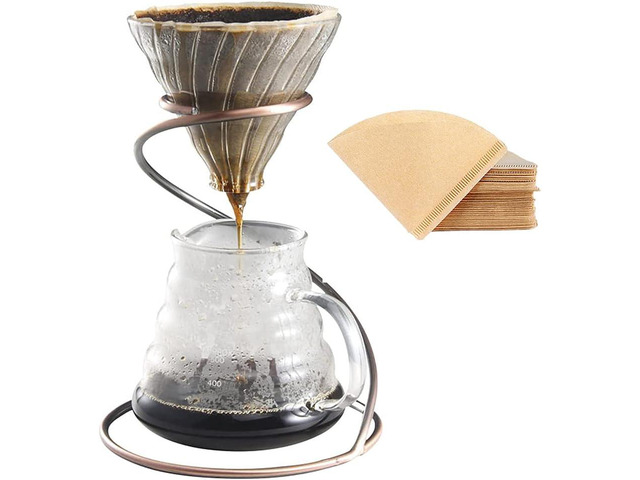 Pour Over Coffee Maker Set - Glass Dripper, Metal Stand, 600ml Heat-Resistant Server, 40 Filters - 4 in 1 for Home or Office (Bronze)