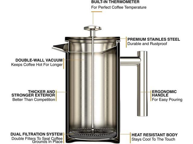 Barista Warrior French Press with Thermometer - Insulated Coffee Press - Stainless Steel Coffee Maker (1.0L, 34 fl oz, Silver)
