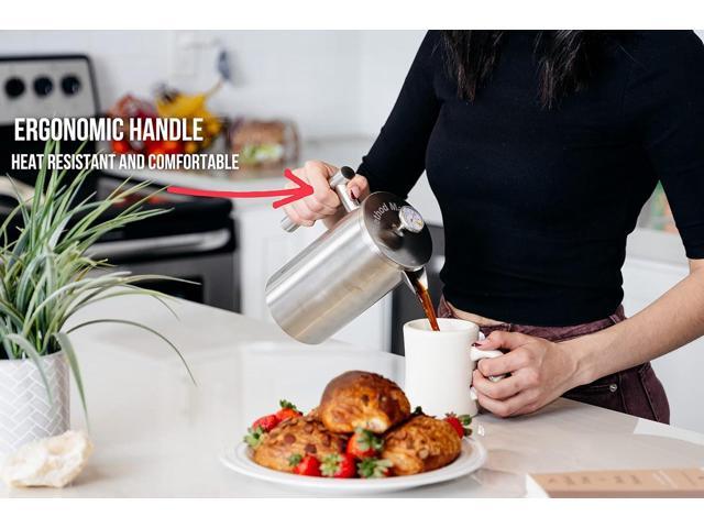 Barista Warrior French Press with Thermometer - Insulated Coffee Press - Stainless Steel Coffee Maker (1.0L, 34 fl oz, Silver)