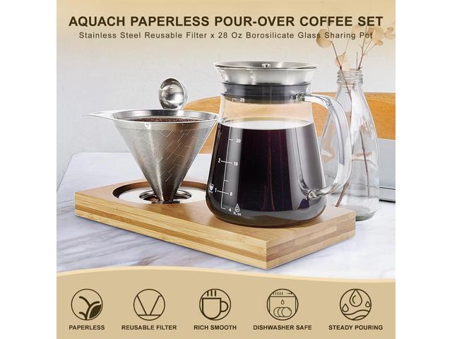 Aquach Pour Over Coffee Maker Set with Extra Large Coffee Dripper, 28 oz Glass Carafe, Stainlesss Steel Coffee Scoop and Bamboo Storage Tray,...