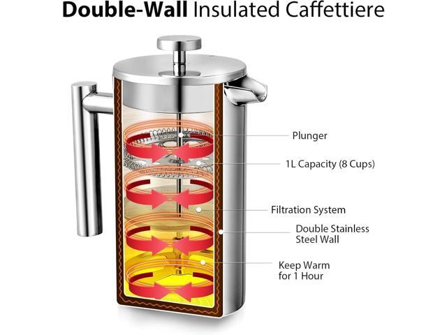 Miuly French Press 34oz, Double Insulated 304 Stainless Steel Coffee Press,Stainless Steel French Press with 2 Extra Fliters and 1 Coaster Mat...