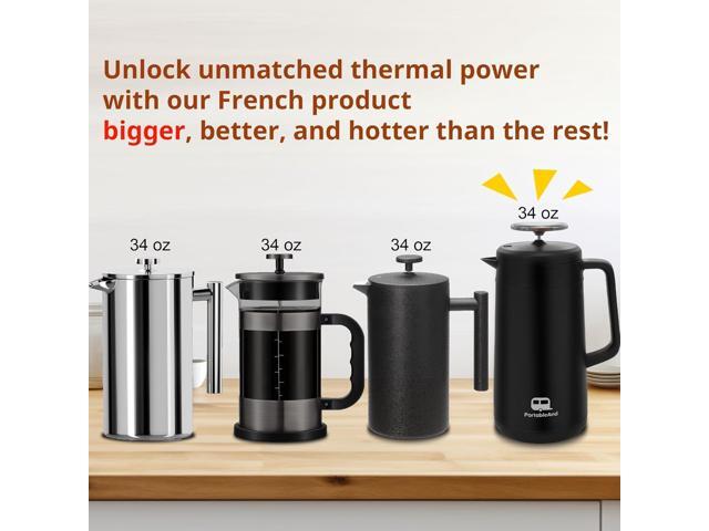 PortableAnd 34oz Double Vacuum Insulation Large Silicone French Press Coffee Maker with Silicone Ring, Stainless Steel, Perfect for Camping,...