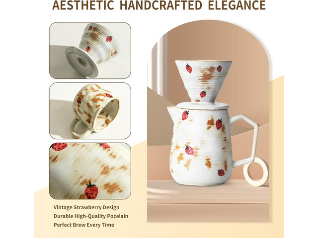 Handcrafted Pour Over Coffee Maker Set with Coffee Cup with Strawberry Pattern 20 Count Paper Filter V60 Drip Coffee Maker 20 oz Coffee Dripper...