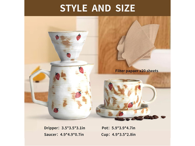 Handcrafted Pour Over Coffee Maker Set with Coffee Cup with Strawberry Pattern 20 Count Paper Filter V60 Drip Coffee Maker 20 oz Coffee Dripper...