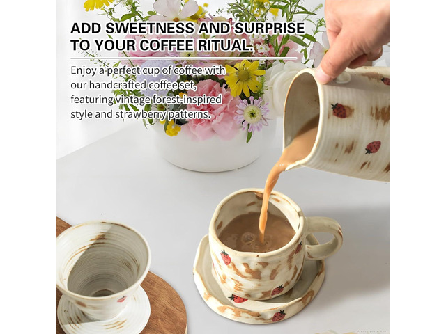 Handcrafted Pour Over Coffee Maker Set with Coffee Cup with Strawberry Pattern 20 Count Paper Filter V60 Drip Coffee Maker 20 oz Coffee Dripper...