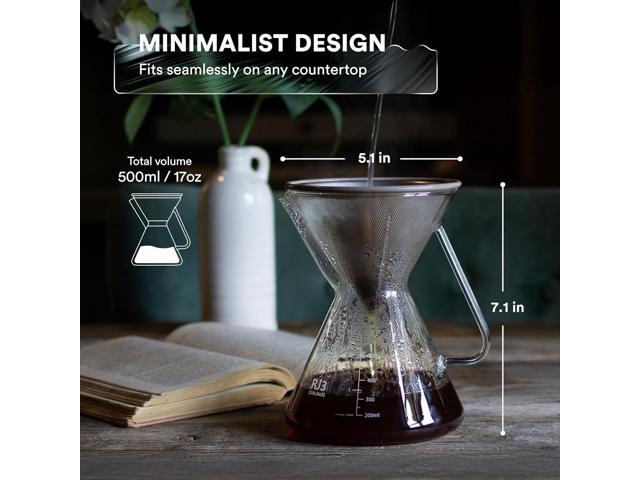 ovalware Pour Over Coffee Maker Set 17oz / 0.5L Borosilicate Carafe with 304 Stainless Steel Filter and Precision Measuring Cup Glass Coffee...