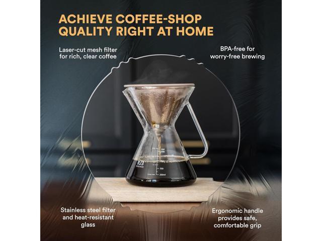 ovalware Pour Over Coffee Maker Set 17oz / 0.5L Borosilicate Carafe with 304 Stainless Steel Filter and Precision Measuring Cup Glass Coffee...