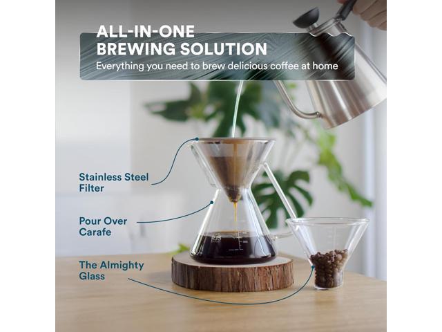 ovalware Pour Over Coffee Maker Set 17oz / 0.5L Borosilicate Carafe with 304 Stainless Steel Filter and Precision Measuring Cup Glass Coffee...